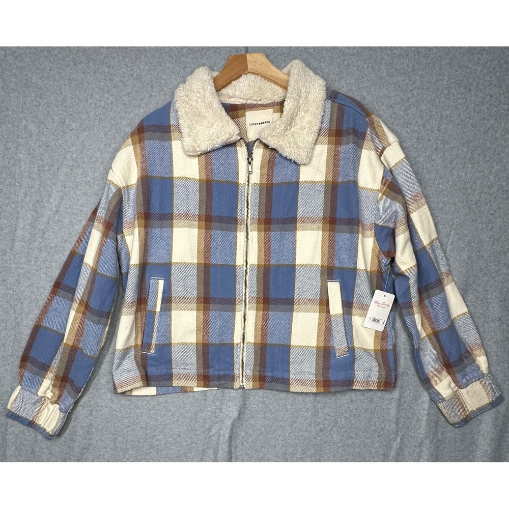 Lucky Brand Womens Plaid Sherpa Collar Zip Up Jacket Blue Cream Brown Size M NEW